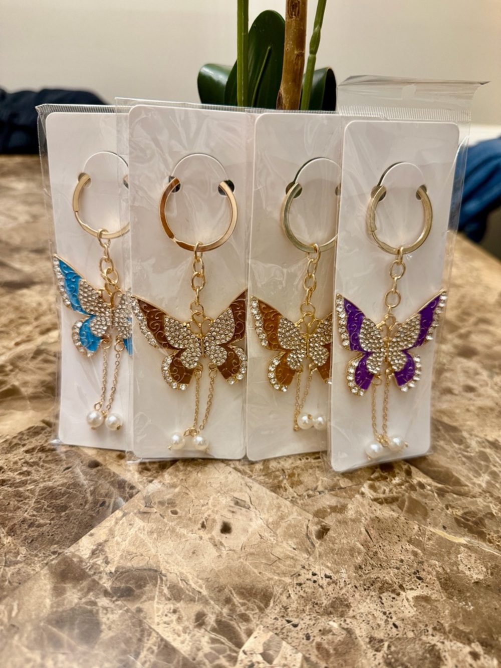 Butterfly Crystal Drop Bag/Keychain Charm - Gold with Blue/Purple/Brown Accents